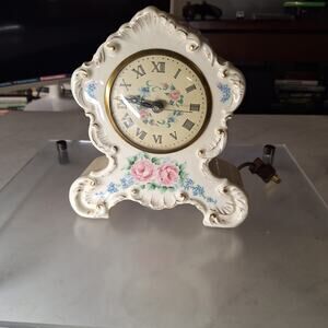 Vintage Lanshire Ceramic Electric Mantle Clock Floral Rose Gold Accents (Parts/